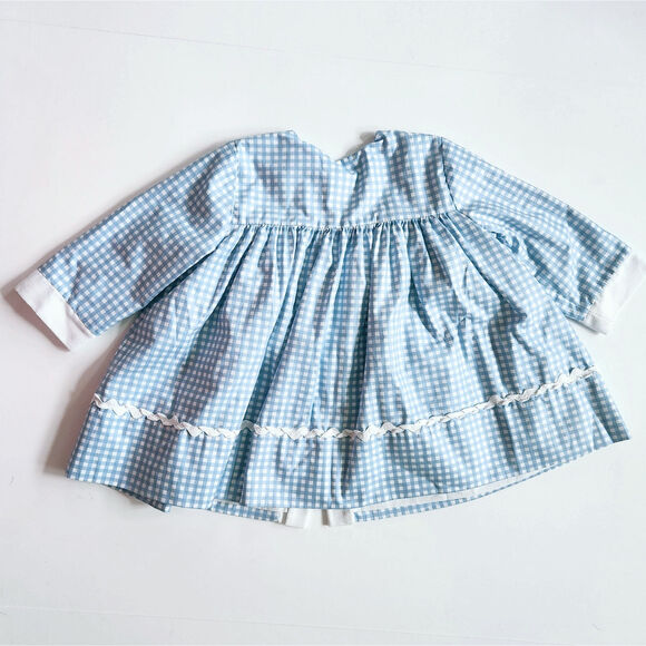 Vintage 1980s Baby Girl Easter Dress Blue Gingham Bunny & Tulip Teapot 18 Months - Picture 3 of 9